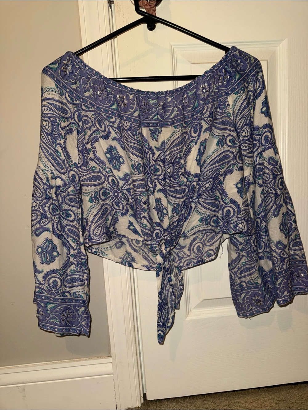 Z&L Boho Floral Beaded Paisley Cropped Tie-Front Top